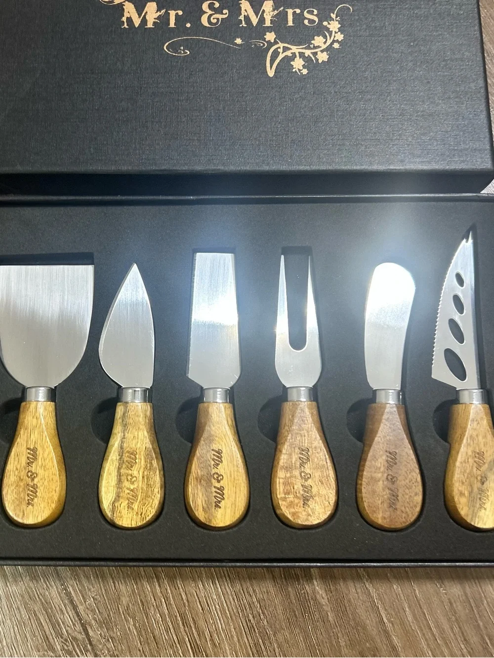 Mr. & Mrs. Wood Handle Cheese Knife Set - Natural Wood & Silver